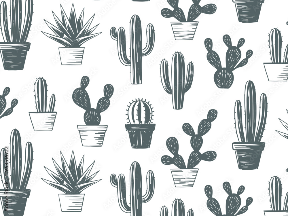 Fototapeta premium Seamless pattern of hand drawn potted cacti and succulents in various shapes and sizes