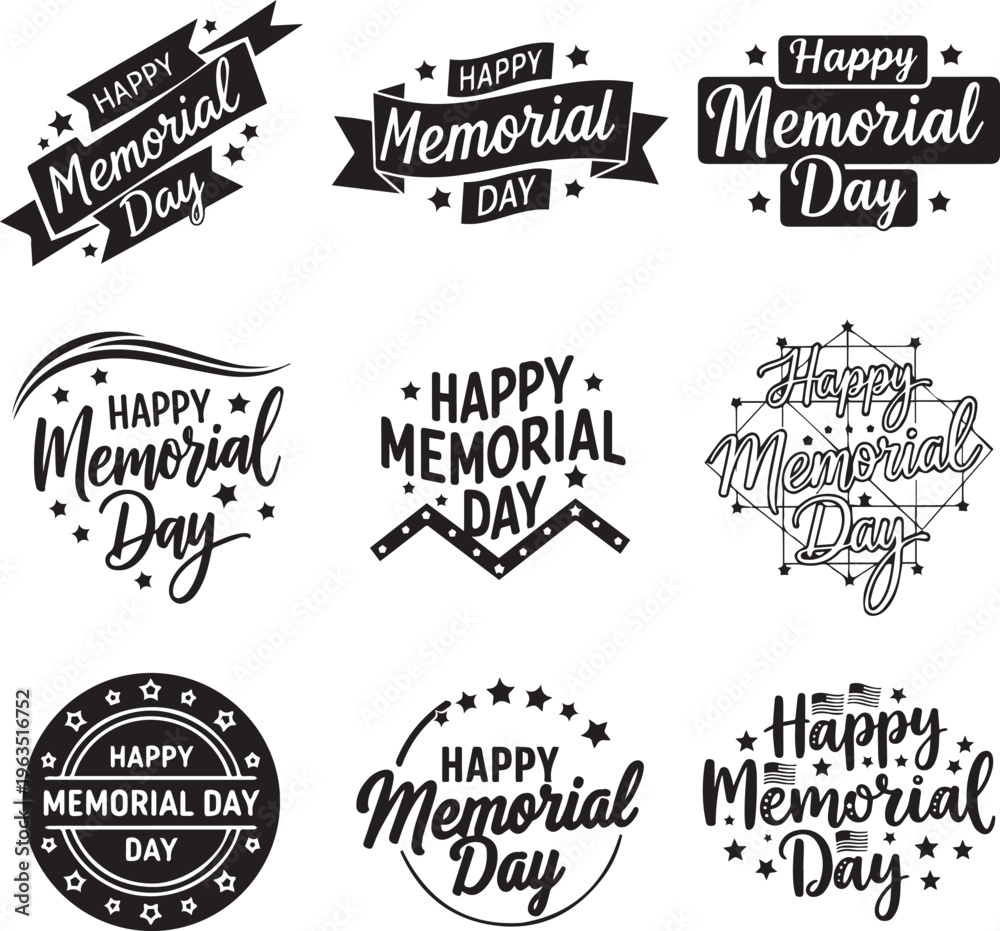 Fototapeta premium Happy Memorial day typography vector set, hand lettering designs with ribbon, floral wreath, stars and USA flag elements