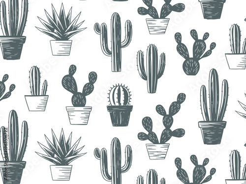 Seamless pattern of hand drawn potted cacti and succulents in various shapes and sizes