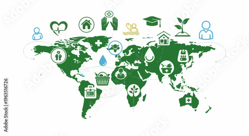 Global icons map showing concepts of health, education, and community