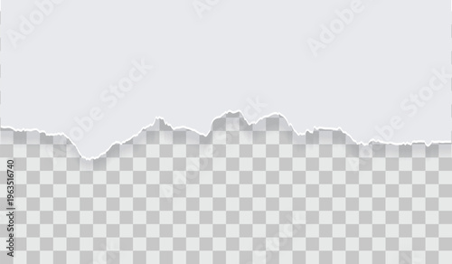 Realistic torn paper edge with soft shadow effect on transparent background horizontal ripped border for digital mockup and web design.