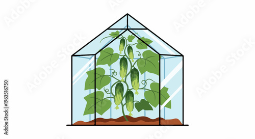 Glass greenhouse with cucumbers growing on a vine