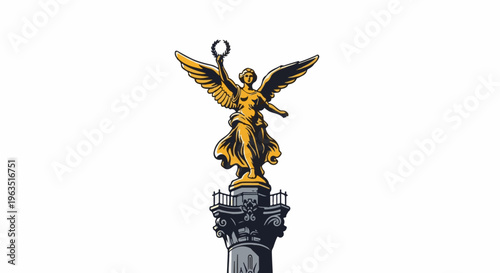 Golden winged angel statue atop a decorated column, holding a wreath