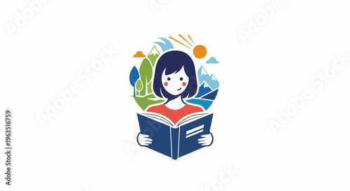 Girl reading book with nature scenes surrounding her head