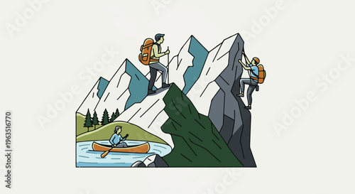 Illustration of people hiking, rock climbing, and canoeing in a mountainous landscape