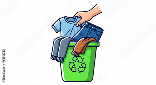 Hand placing clothes into a green recycling bin with a recycling symbol