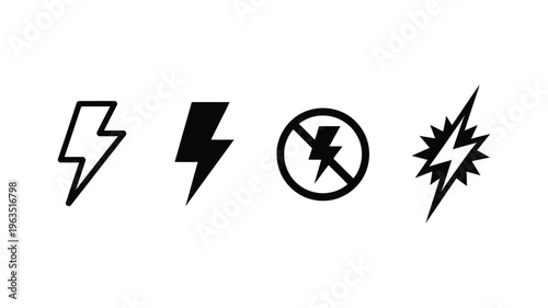 Photography flash icons, vector set, isolated symbols for camera light modes, flash on, flash off, auto flash, manual flash, camera settings and photo workflow concept.