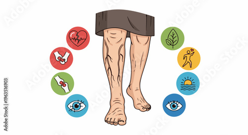 Human legs with vein issues surrounded by health icons
