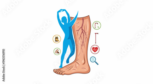 Illustration of human leg, medical icons, and fitness silhouette