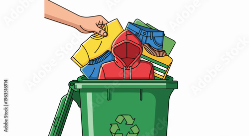 Hand discarding clothes, including red hoodie, into green recycling bin