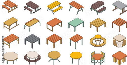 tables, furniture, collection, set, wooden, outdoor, indoor, picnic, bench, desk, modern, classic, design, vector, illustration, isolated, objects, home, decor, seating
