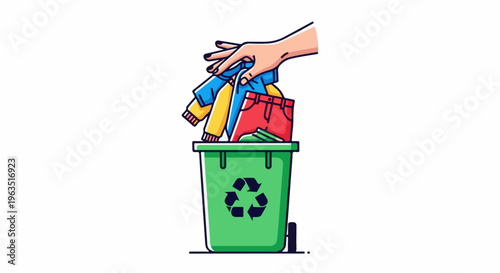 Hand discards colorful clothes into a green recycling bin with a logo