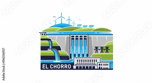 Hydroelectric dam with turbines, solar panels, and power lines