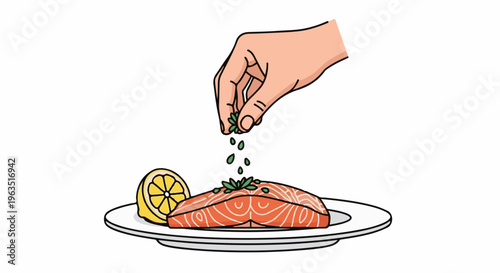 Hand garnishes raw salmon fillet on plate with lemon slice and herbs