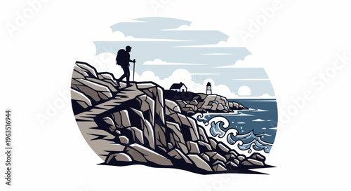 Hiker with backpack and poles walks along rocky coast past lighthouse