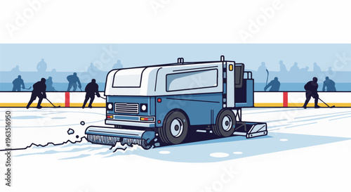Ice resurfacer operating on a hockey rink with players in background
