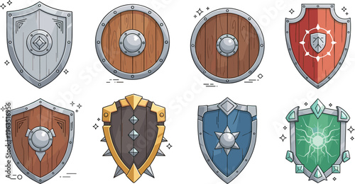 Medieval fantasy shields set with wooden steel and magical defense icons for game interface and warrior equipment vector illustration