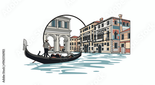 Gondola glides through Venetian canals past ornate buildings