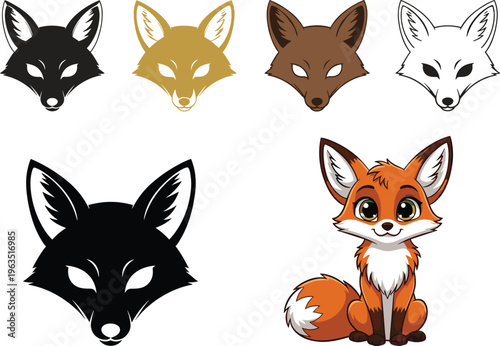 Fox Head Logo Set with Minimal Silhouette Variations and Cute Cartoon Fox Character for Branding Mascot Wildlife Vector Illustration Collection
