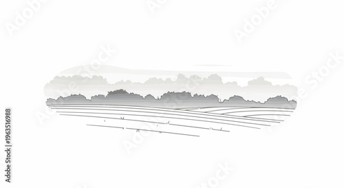 Gray outline drawing of a landscape with rolling fields and distant trees under a cloudy sky