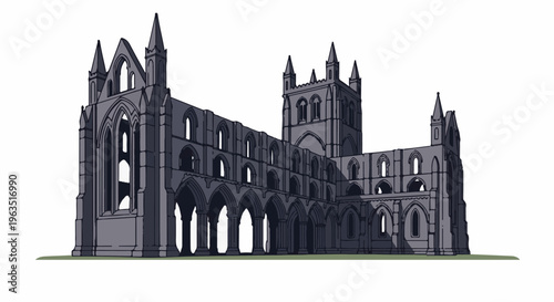 Gothic abbey ruins, architectural sketch with pointed arches and towers