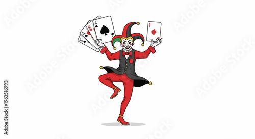 Jester holding playing cards, dressed in red and black with a jester hat