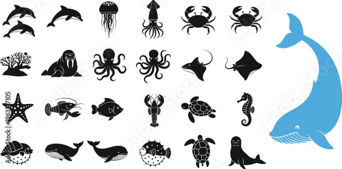 Marine Animal Silhouette Set with Whale Dolphin Octopus Crab Turtle Starfish and Sea Creatures Icons for Ocean Wildlife Vector Design