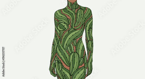 Human silhouette adorned with a vibrant mosaic of green cactus patterns and brown accents