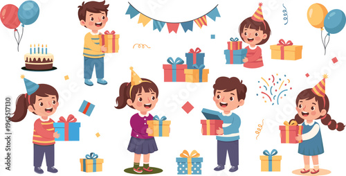 Set of Flat Cartoon Style Man and Woman Characters Giving and Receiving Wrapped Gift Boxes for Birthday Anniversary Valentine's Day and Holiday Celebration Designs