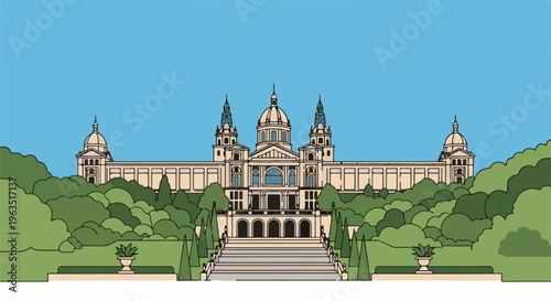 Grand European palace with manicured gardens and a clear blue sky