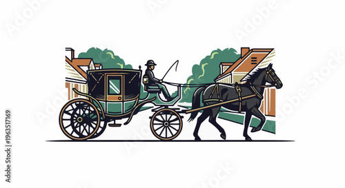 Horse-drawn carriage with driver passing by quaint buildings in a town