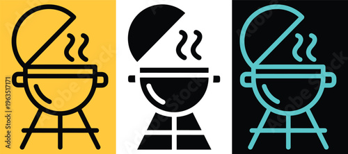 Three colorful illustrations of a barbecue grill