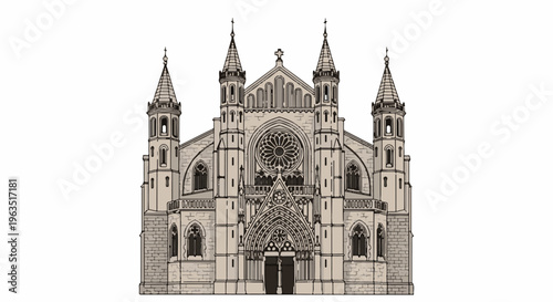 Grand stone cathedral facade with gothic arches, rose window, and spires