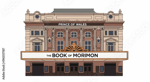 Grand theatre facade with marquee advertising a show, distinct classical architecture