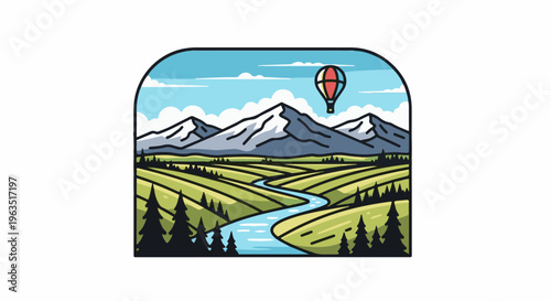 Hot air balloon floats over a picturesque valley with mountains and a river