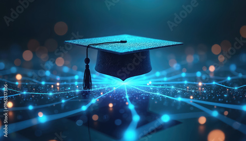Graduation cap floats above digital network lines. Future of education tech, ai learning, online courses, knowledge growth and success. Global connectivity.