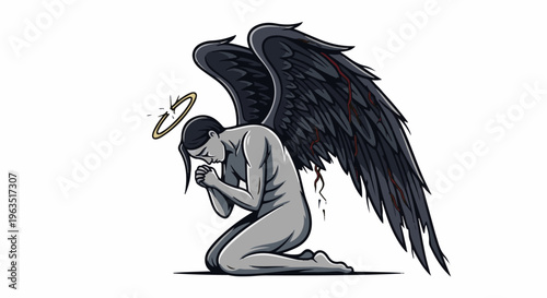 Gray figure with dark wings and halo kneels in prayer