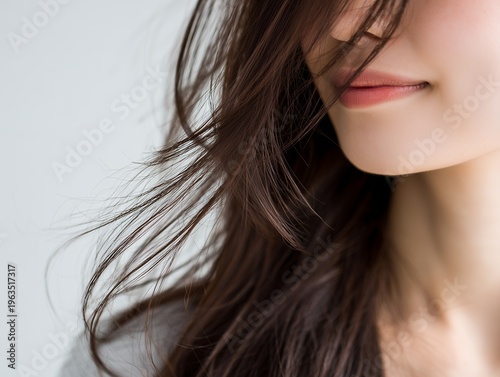 風にさらさらとなびく茶髪のロングヘアが美しい口元に笑みを浮かべる清潔感のある女性