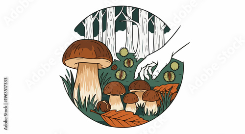 Hand reaching for mushrooms and chestnuts in a forest clearing