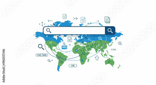 Global search bar with world map, network connections, and search icons