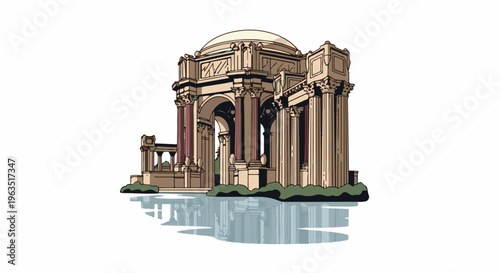 Grand classical building with dome, columns, and reflections in water
