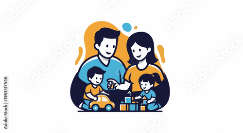 Joyful family playing together with toys in a colorful, stylized illustration