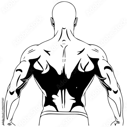 Black and White Line Art Silhouette of Muscular Male Back