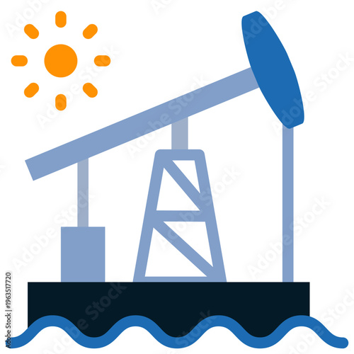 Flat style offshore oil pump jack on water with sun icon