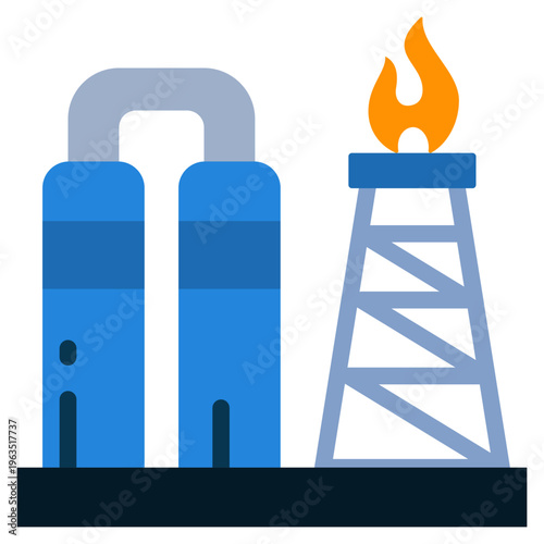Flat style gas flare derrick and industrial storage tanks icon