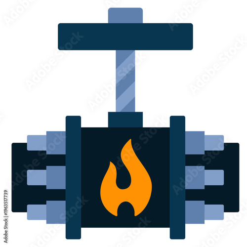 Flat style gas pipe valve icon with fire symbol