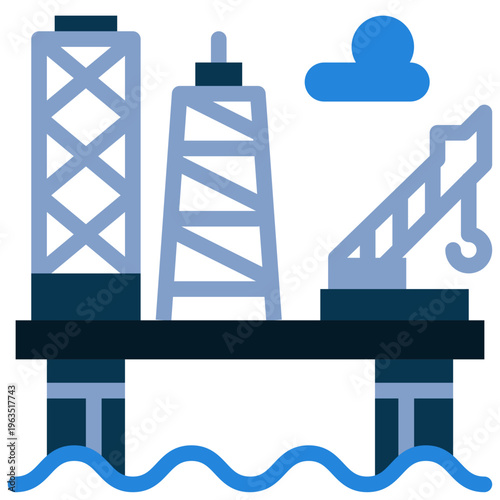 Flat style offshore oil platform with crane and derrick icon