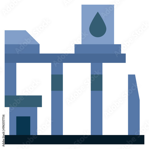 Flat style oil refinery plant with oil drop symbol on storage tank