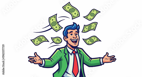 Joyful man in a suit throwing money in the air, celebrating wealth