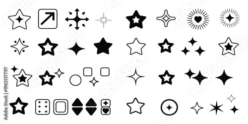 Black star and sparkle icon set featuring various geometric shapes and decorative elements for minimal graphic design and interface.